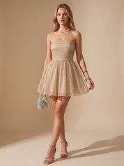 Dames Glamoureuze Glitter Mini Jurk met Strapless Top en Strik