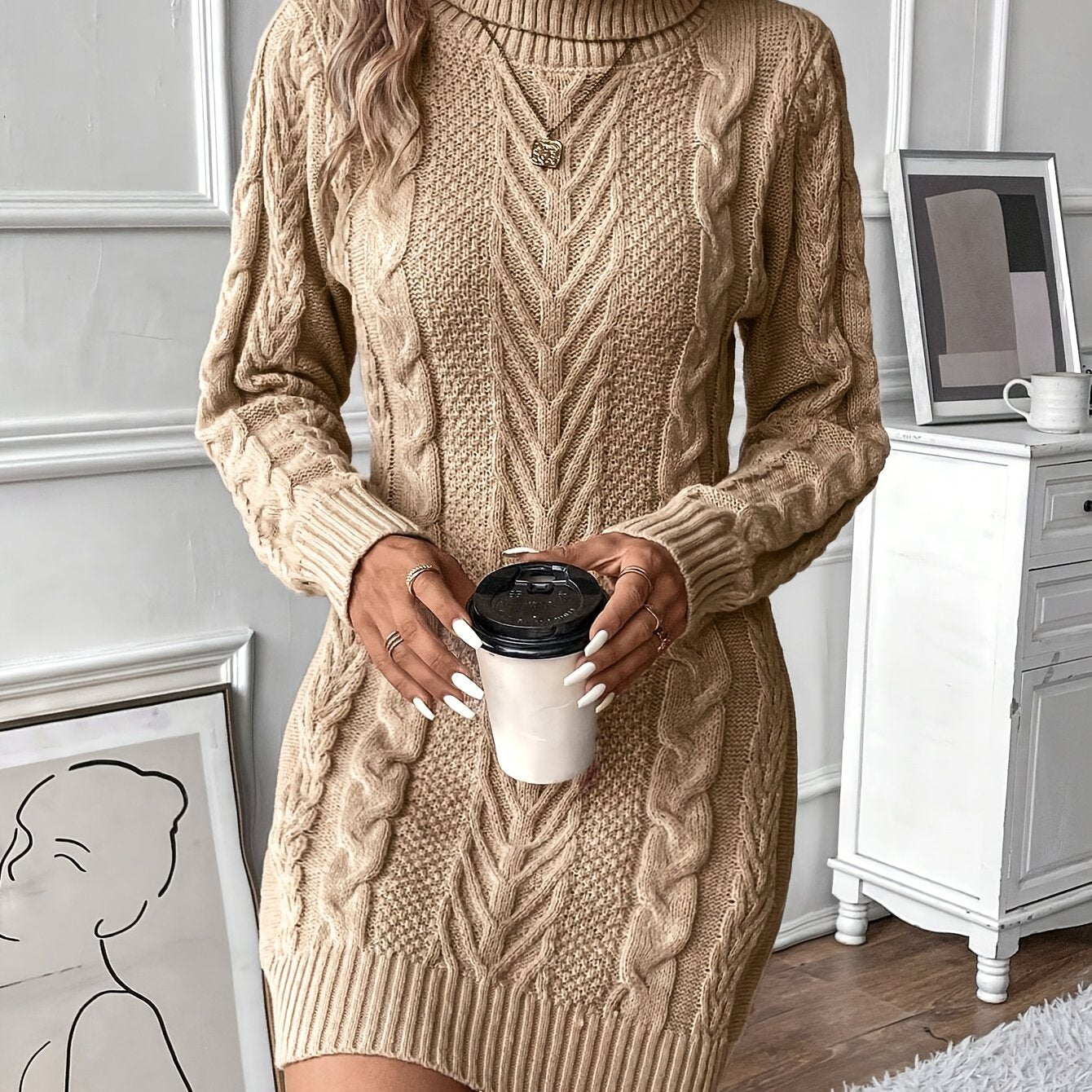 Chique Col Mini Sweaterjurk Voor Vrouwen Met Kabelpatroon