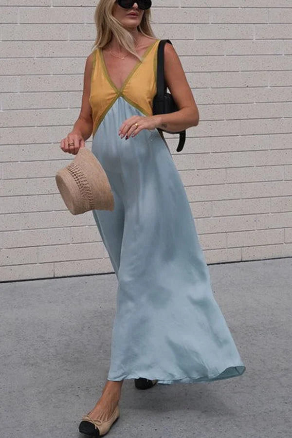 Mouwloze contrast zomerjurk voor vrouwen | Maxi