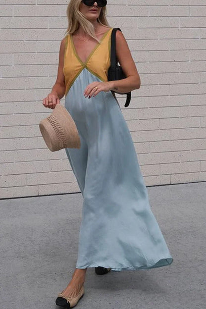 Mouwloze contrast zomerjurk voor vrouwen | Maxi