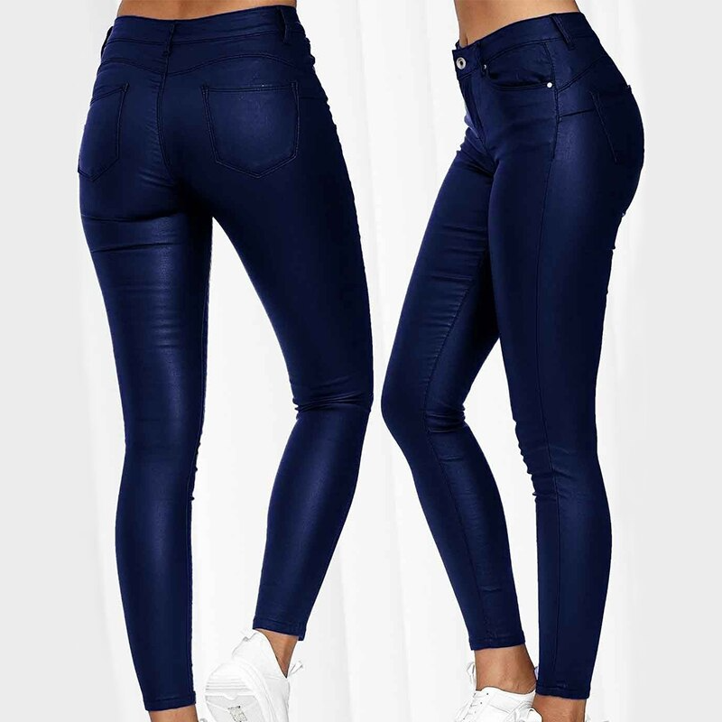 Dames Vrouwelijke Skinny Broek in Leerlook met Stretch en Zakken