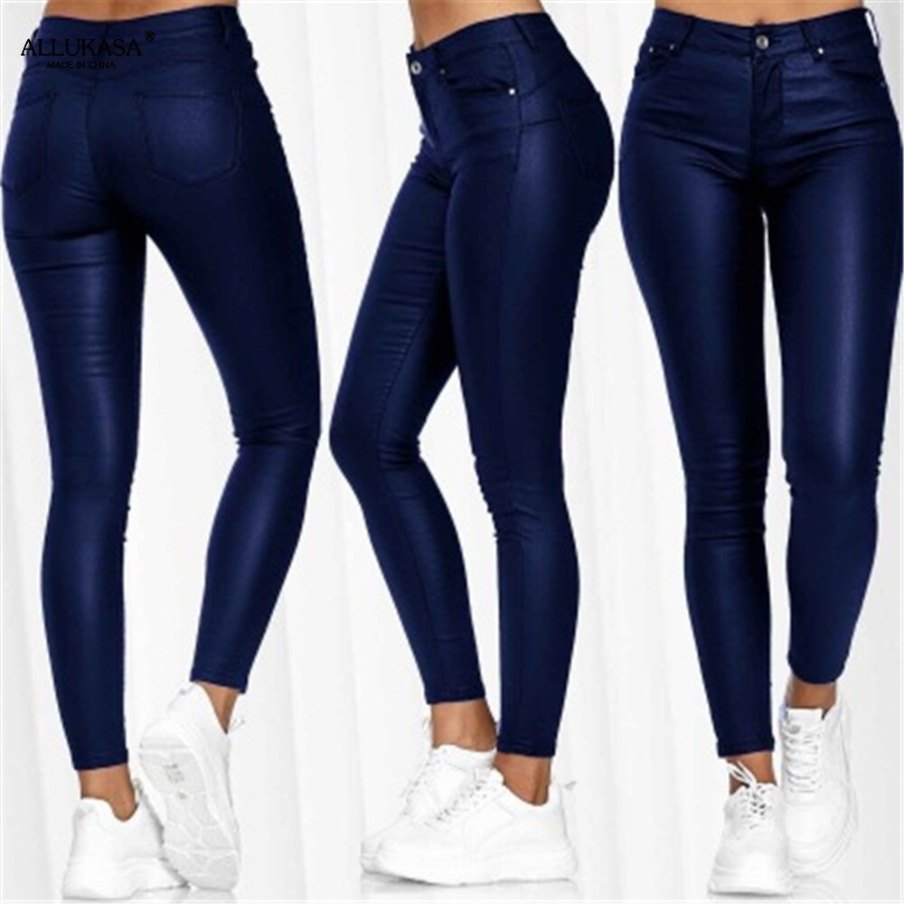 Dames Vrouwelijke Skinny Broek in Leerlook met Stretch en Zakken