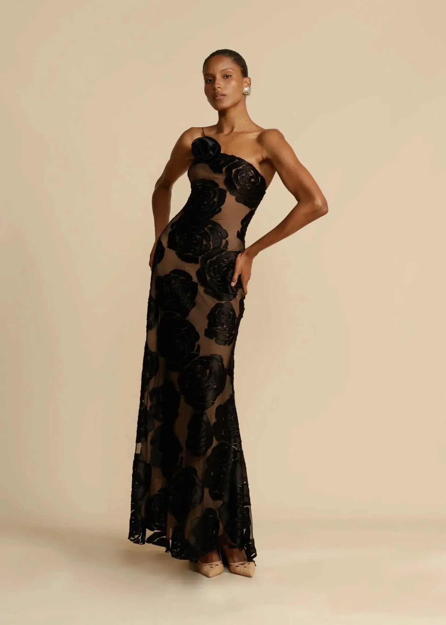 Elegante Maxi Party Dress voor Dames met One-Shoulder en Bloemenapplicatie