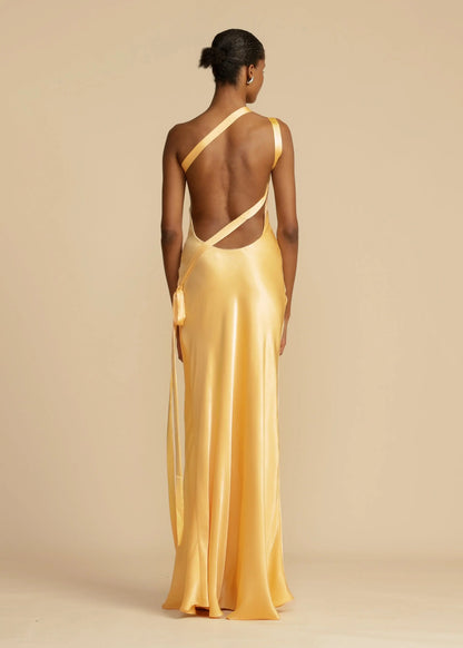 Satijnen One Shoulder Maxi Jurk met Open Rug Galajurk voor Vrouwen