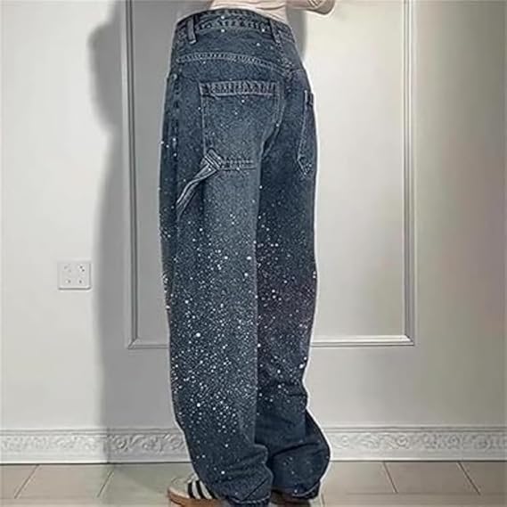 Dames Hoge Taille Rechte Jeans met Glitter