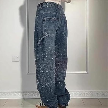 Dames Hoge Taille Rechte Jeans met Glitter