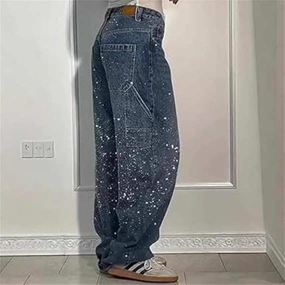 Dames Hoge Taille Rechte Jeans met Glitter
