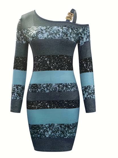 Glitter One-Shoulder Gestreepte Bodycon Mini Jurk Met Schoudergesp