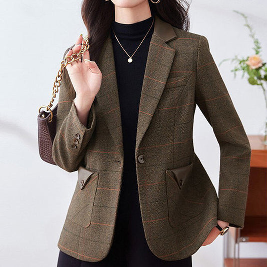 Bruine Geruite Elegante Leerlook Dames Blazer
