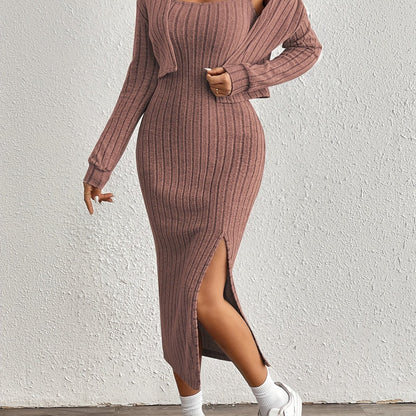 Trendy Aansluitende Midi jurk Set Voor Dames Met Kort Vest En Split
