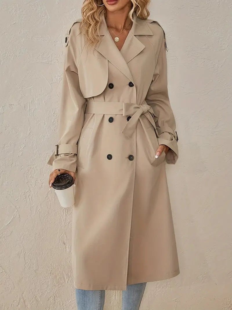 Beige Midi Trenchcoat Dubbelrijig Met Ceintuur Voor Dames