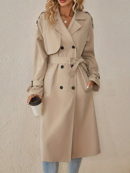 Beige Midi Trenchcoat Dubbelrijig Met Ceintuur Voor Dames