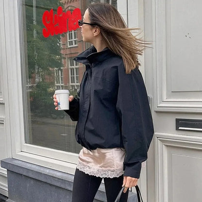 Windbreaker Dames Lichtgewicht met Hoge Kraag en Verstelbaar Trekkoord