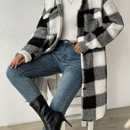 Geruitte Dames Teddy Jas Midi met Knopen en Zakken Winter