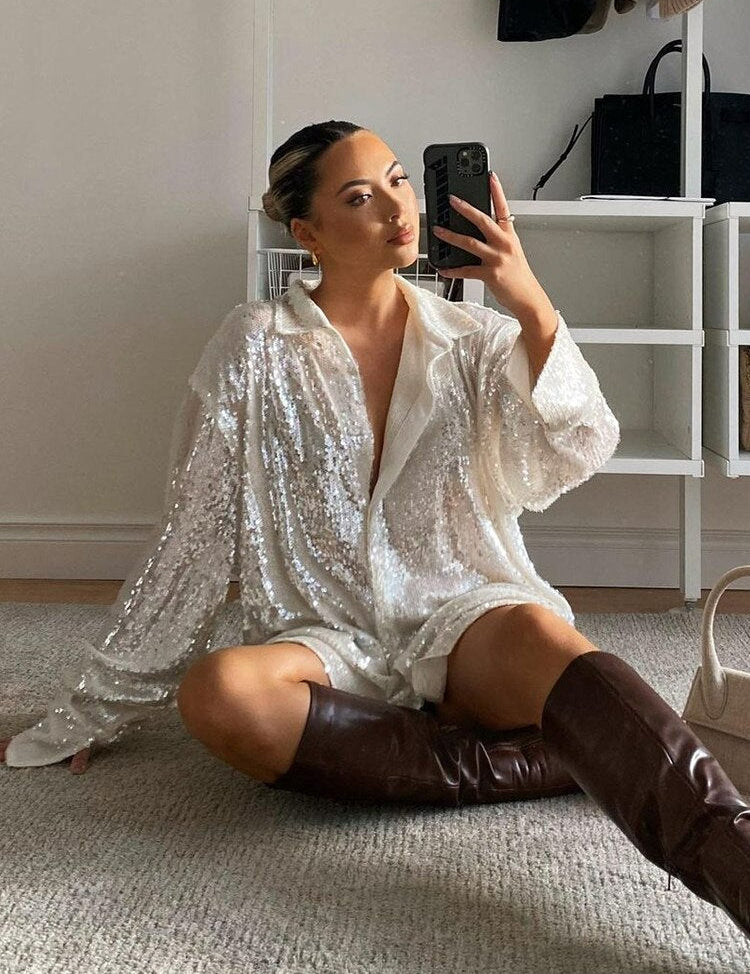 Dames Feestelijke Oversized Blouse met Pailletten en Kraag
