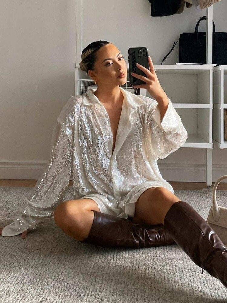 Dames Feestelijke Oversized Blouse met Pailletten en Kraag