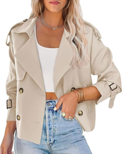 Beige Trench Coat Women Short Classic with Belt and Button Closure