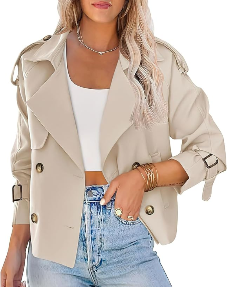 Beige Trench Coat Women Short Classic with Belt and Button Closure
