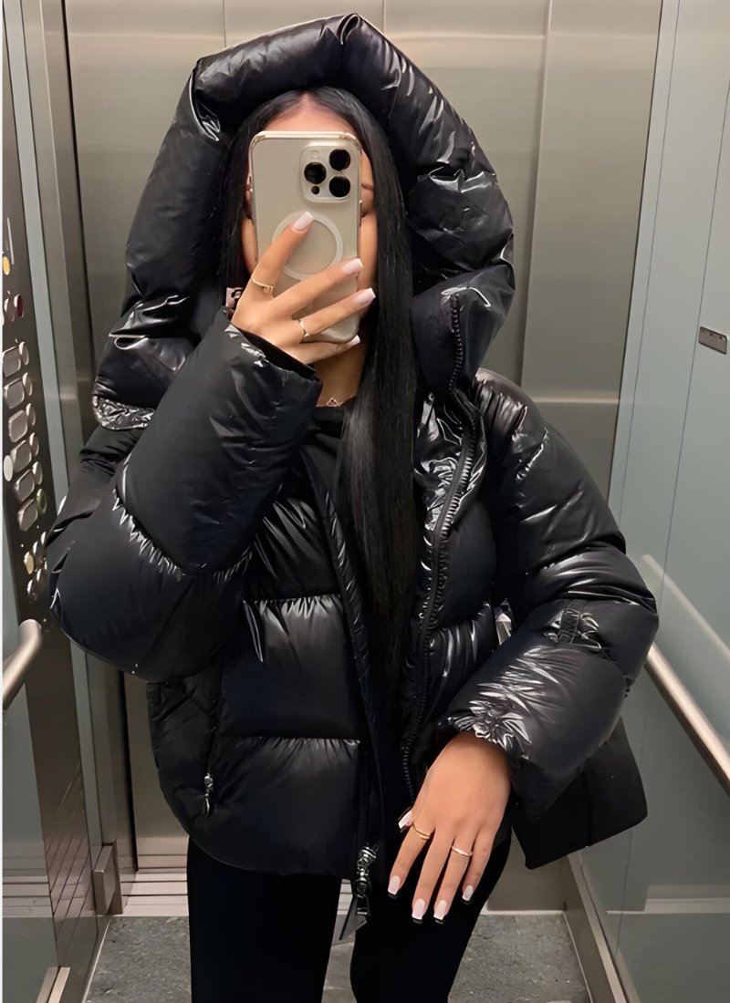 Puffer Jacket for Women Quilted Winter Coat with Hood Water-Repellent Shiny