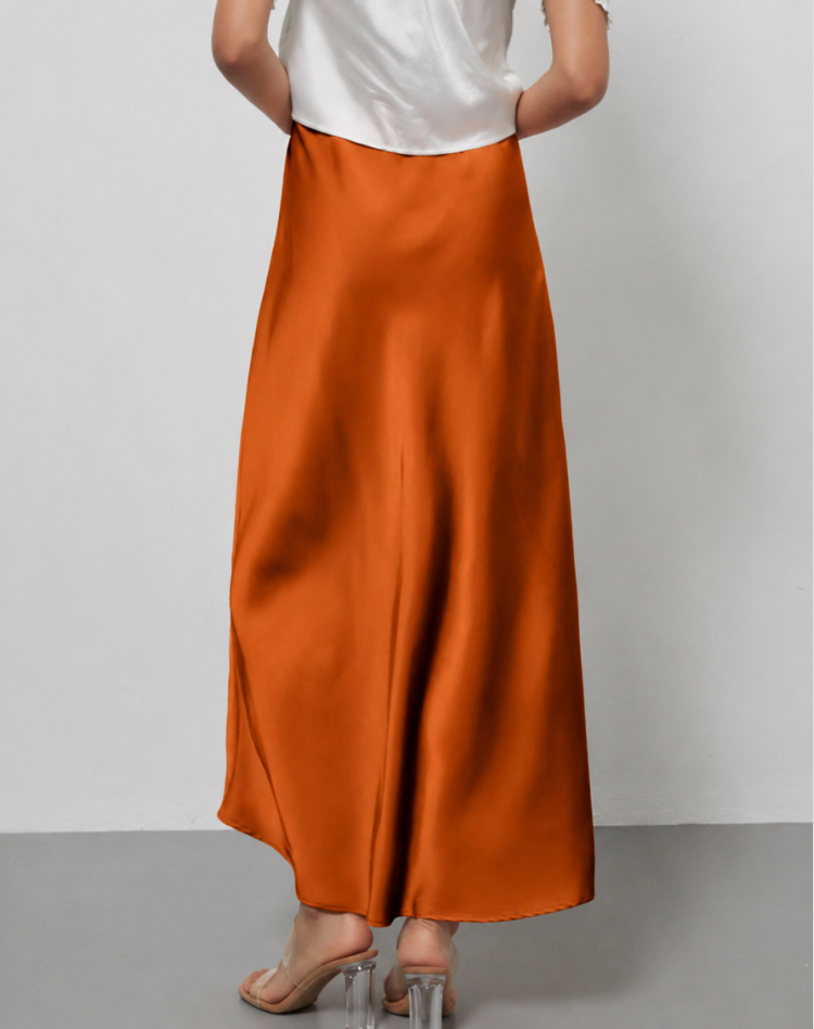 A-Line Satin Look Midi Skirt for Women with Slit and High Waist