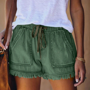Dames Denim Short Met Trekkoord En Raffelzoom