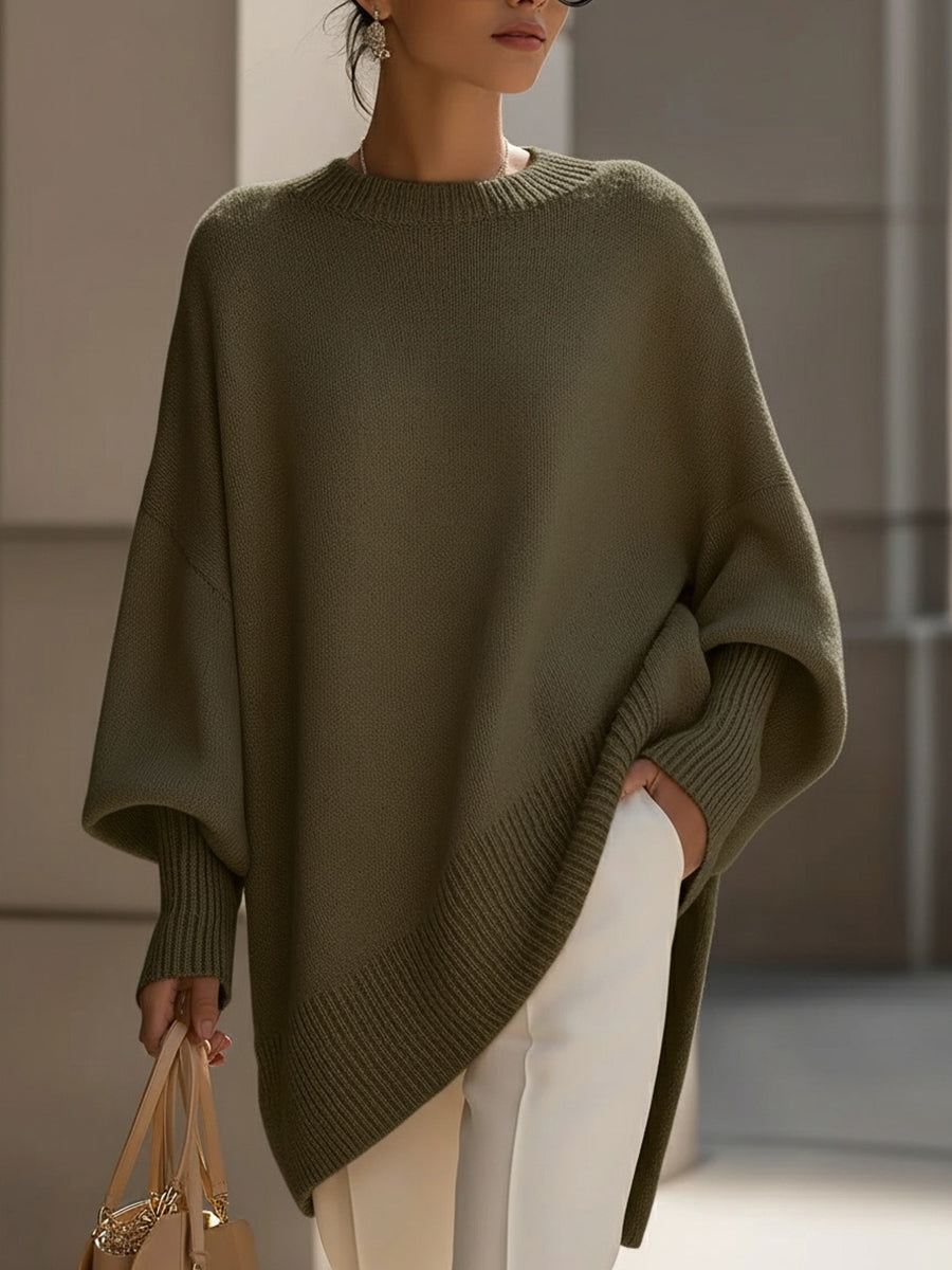 Dames Luxe Gebreide Trui met Ronde Hals en Asymmetrische Zoom
