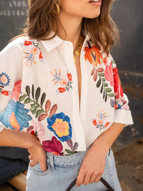 Witte Dames Bloemenprint Blouse Korte Mouw Zomer