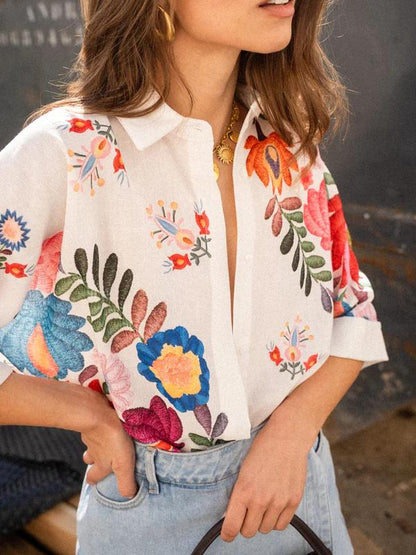 Witte Dames Bloemenprint Blouse Korte Mouw Zomer
