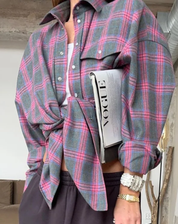 Checked Oversized Blouse with Chest Pocket for Women