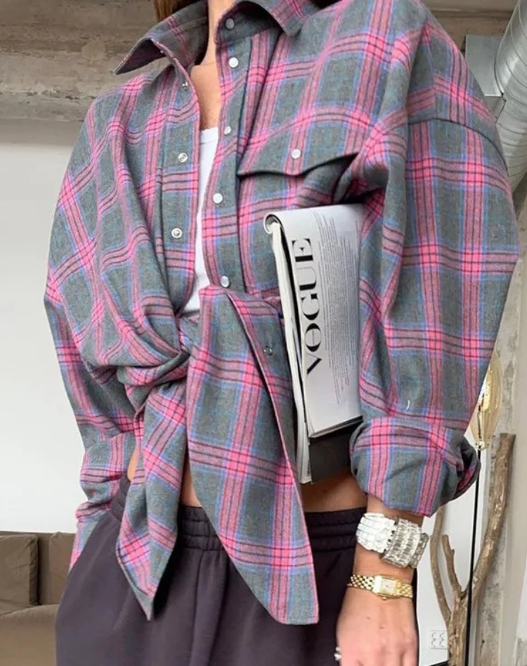 Checked Oversized Blouse with Chest Pocket for Women