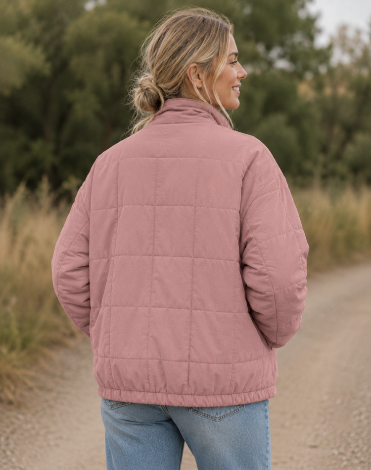Quilted Bomber Jacket with Zipper and Side Pockets
