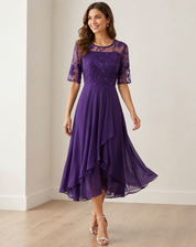 Robe midi élégante femme avec dentelle et coupe fluide confortable
