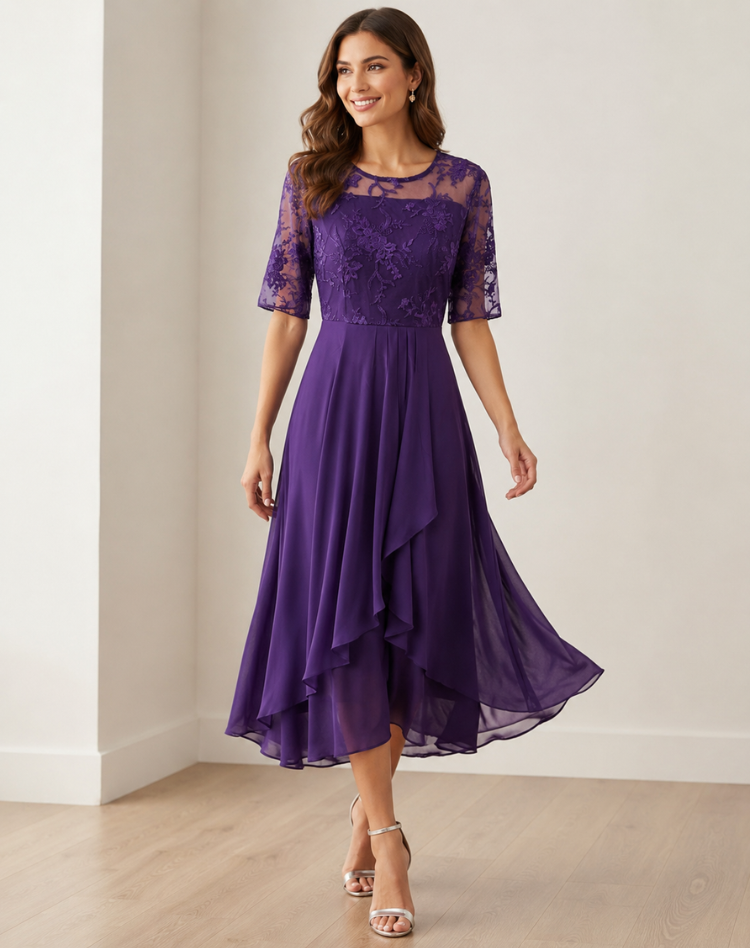 Robe midi élégante femme avec dentelle et coupe fluide confortable