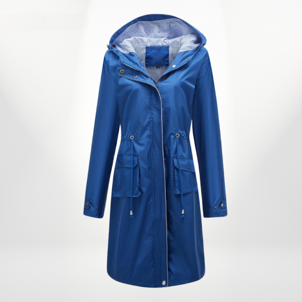 Women's Waterproof Midi Raincoat with Hood and Waist Drawstring