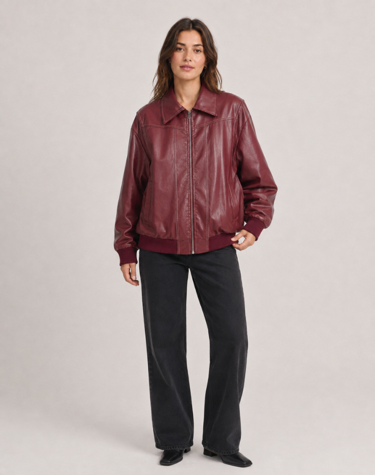 Dames Vintage Bikerjack in Leerlook Oversized Bomberjack