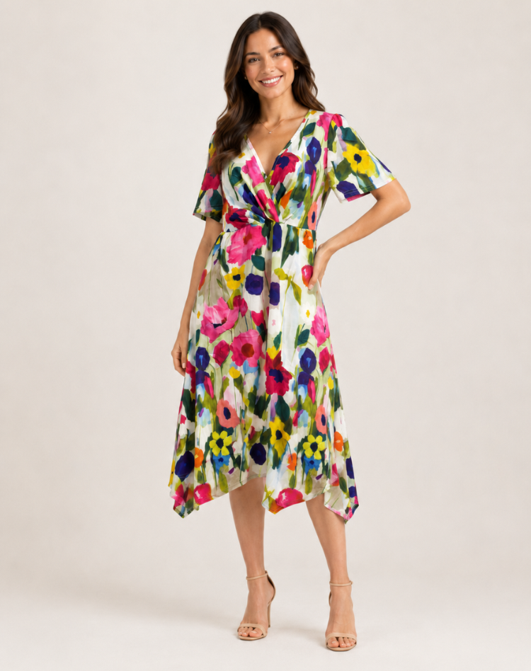 Women's Midi Dress with V-Neck and Floral Print