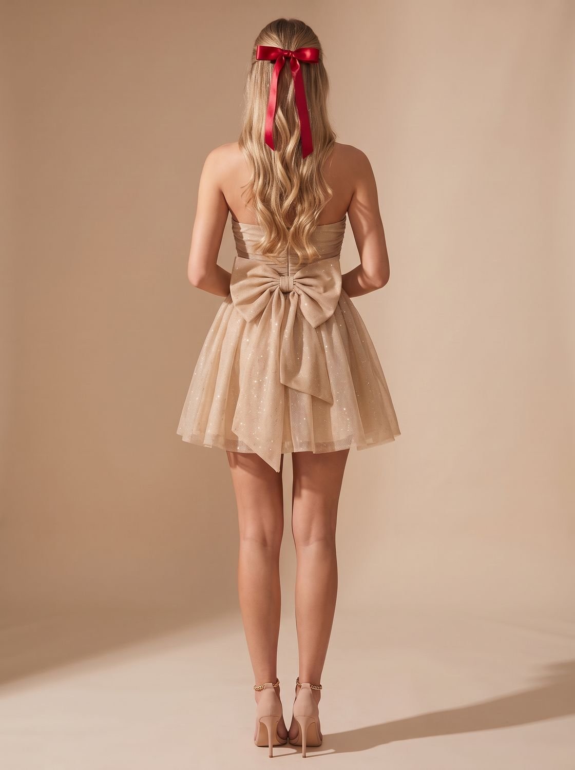 Dames Glamoureuze Glitter Mini Jurk met Strapless Top en Strik