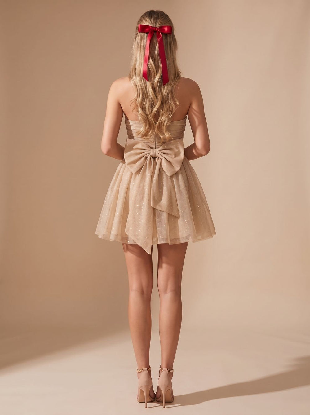 Dames Glamoureuze Glitter Mini Jurk met Strapless Top en Strik