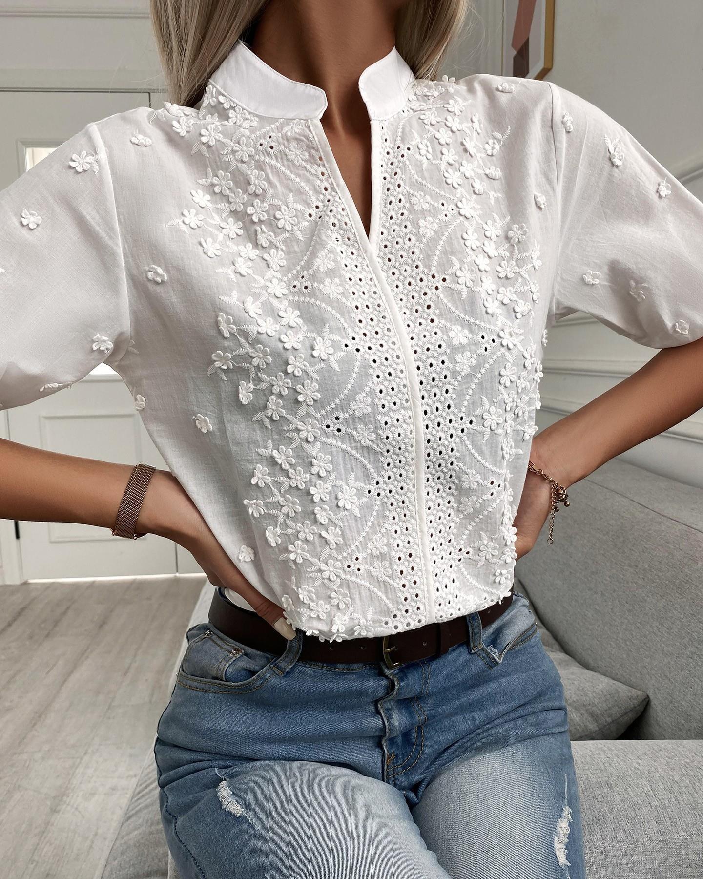 Embroidered Blouse with Stand-Up Collar and Short Sleeves