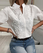 Embroidered Blouse with Stand-Up Collar and Short Sleeves