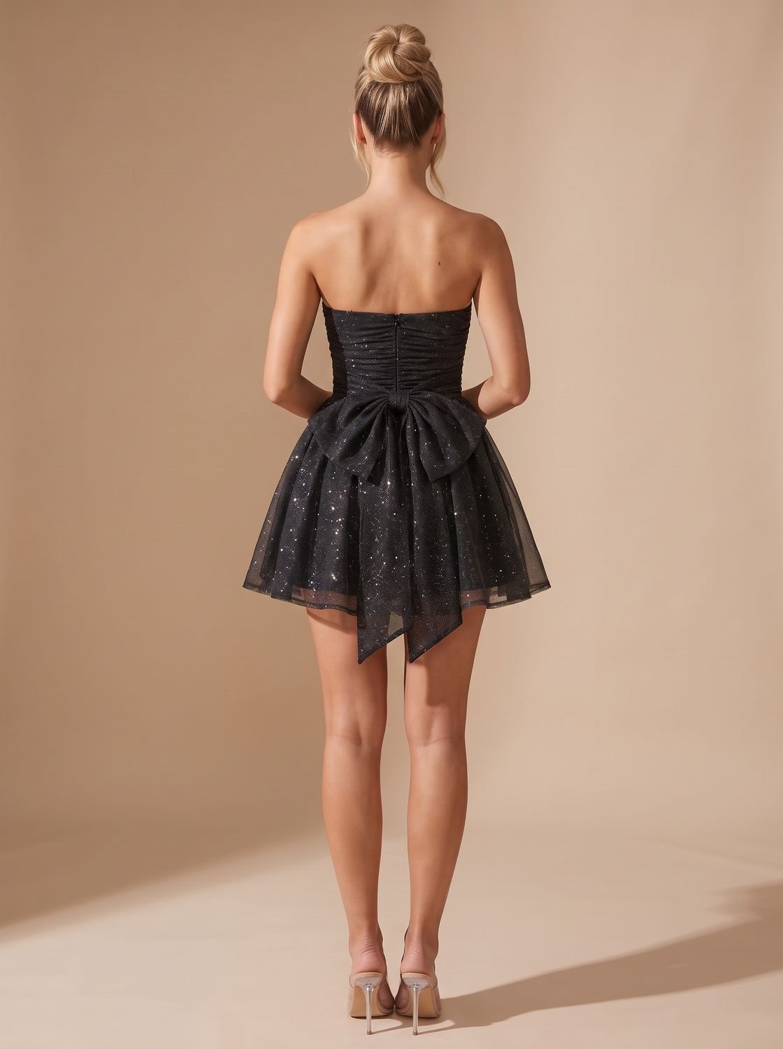 Dames Glamoureuze Glitter Mini Jurk met Strapless Top en Strik