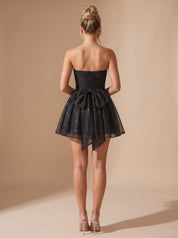 Dames Glamoureuze Glitter Mini Jurk met Strapless Top en Strik