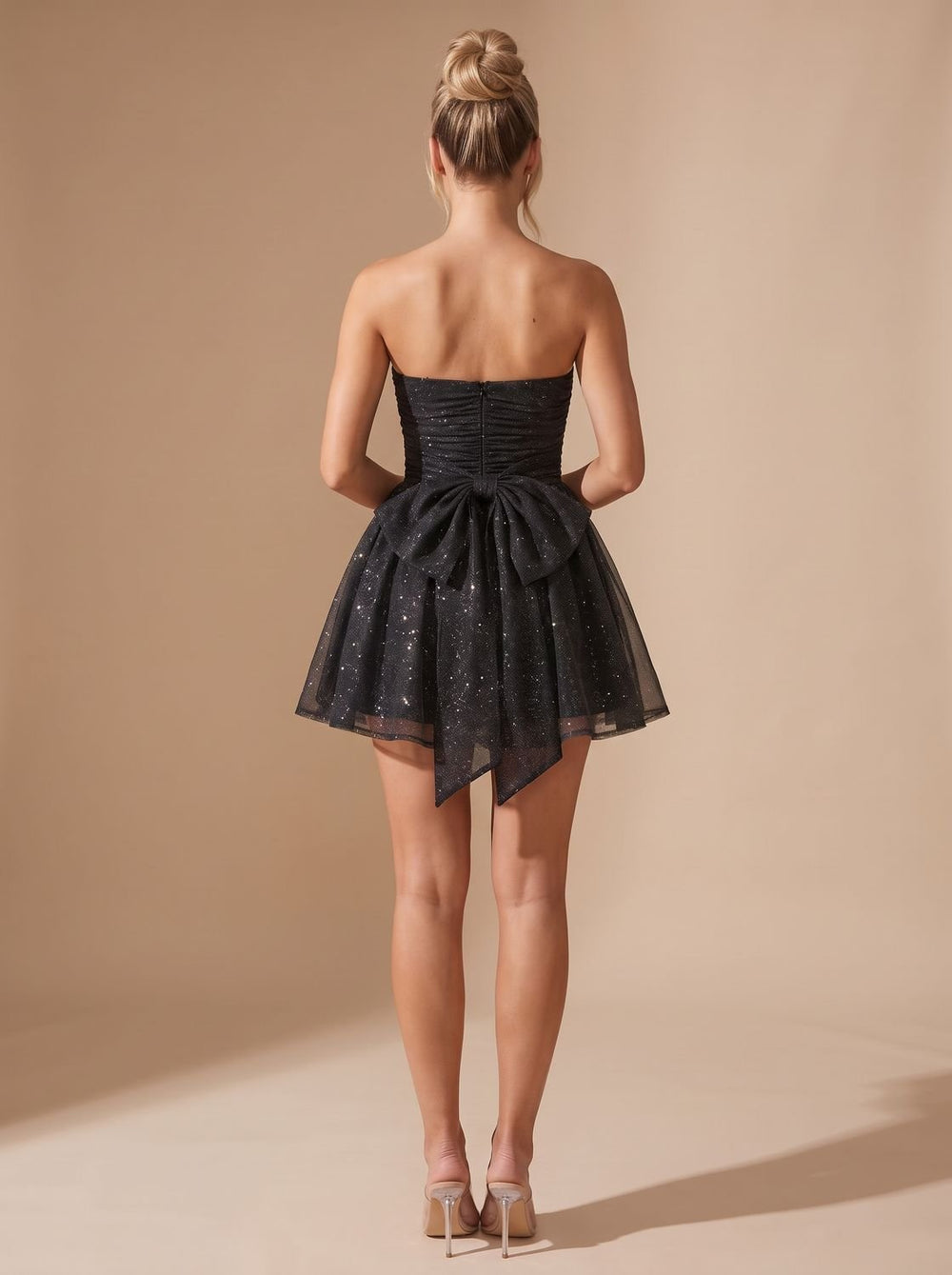 Dames Glamoureuze Glitter Mini Jurk met Strapless Top en Strik