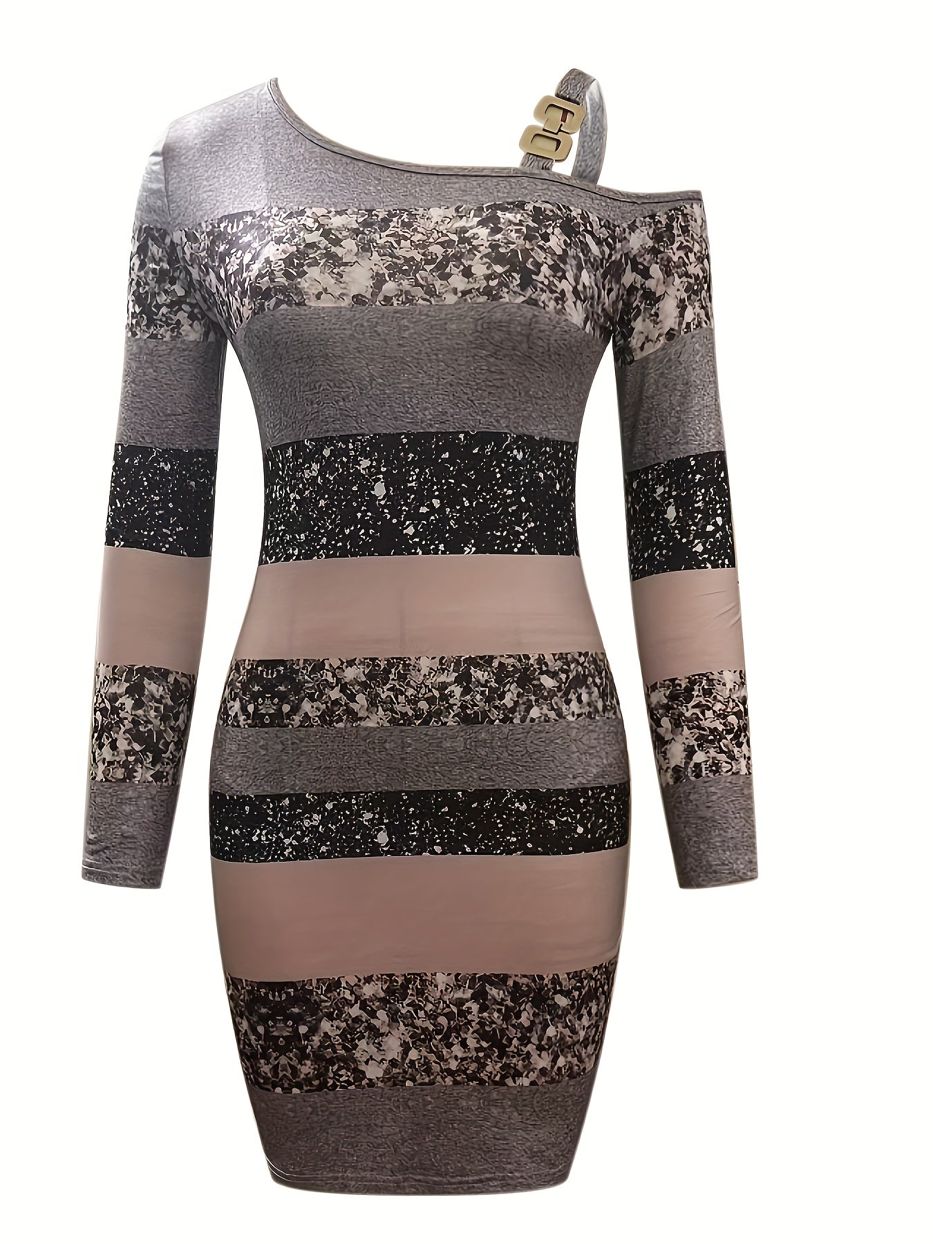 Glitter One-Shoulder Gestreepte Bodycon Mini Jurk Met Schoudergesp