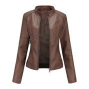 Faux Leather Jacket with Stand-Up Collar and Zipper for Women