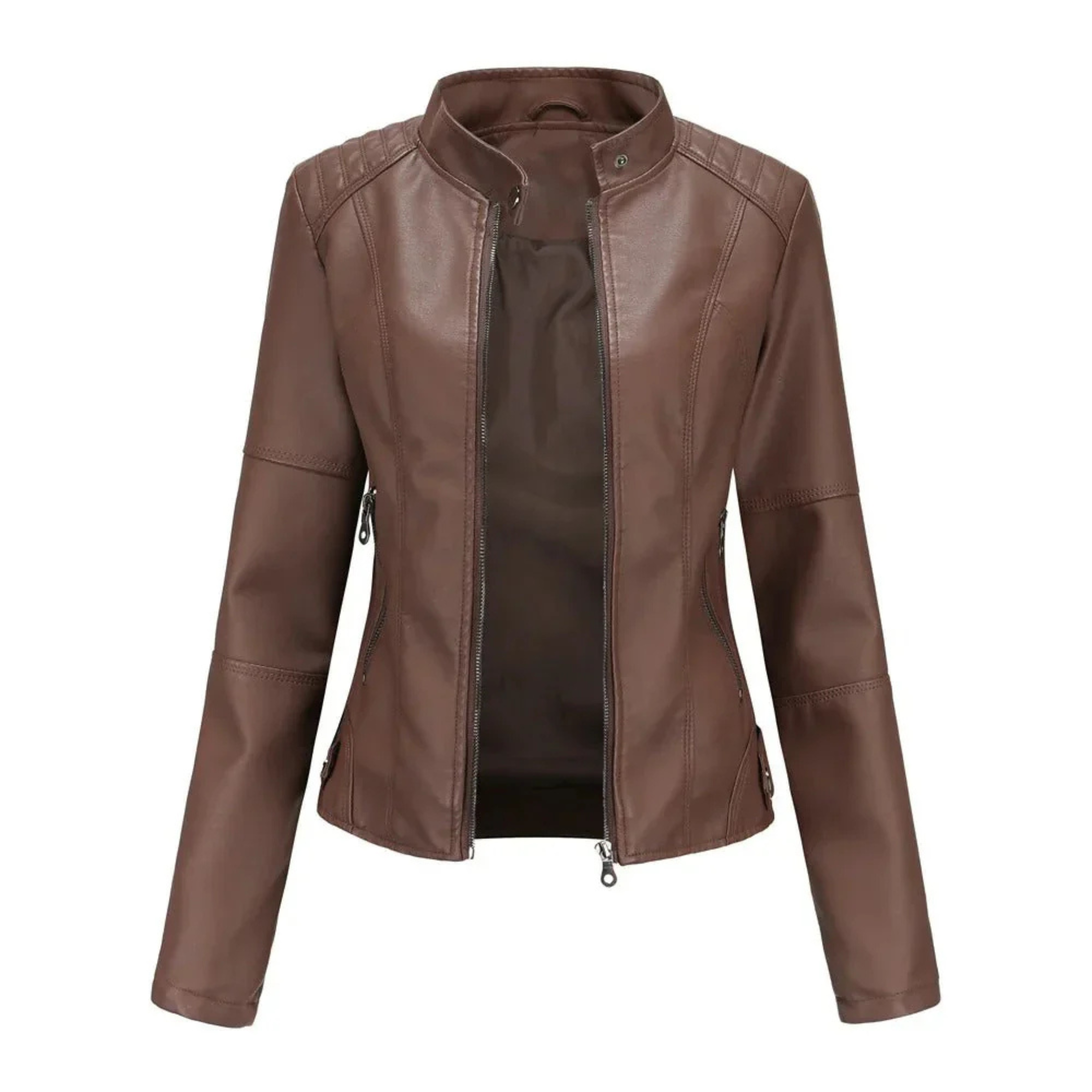 Faux Leather Jacket with Stand-Up Collar and Zipper for Women