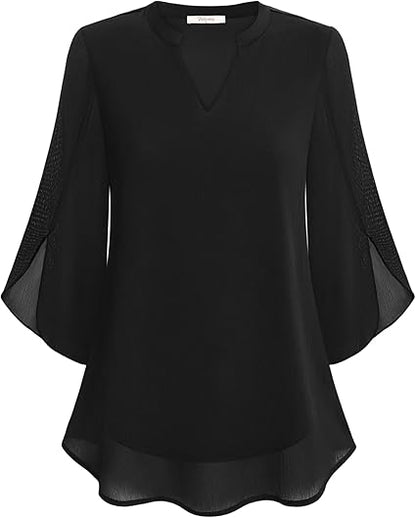 Luchtige Losvallende Blouse Dames met Splitnek en Driekwartmouwen