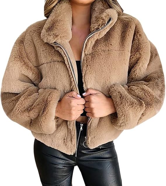Damska Zimowa Kurtka Teddy Fleece z Zamkiem i Wysokim Kołnierzem