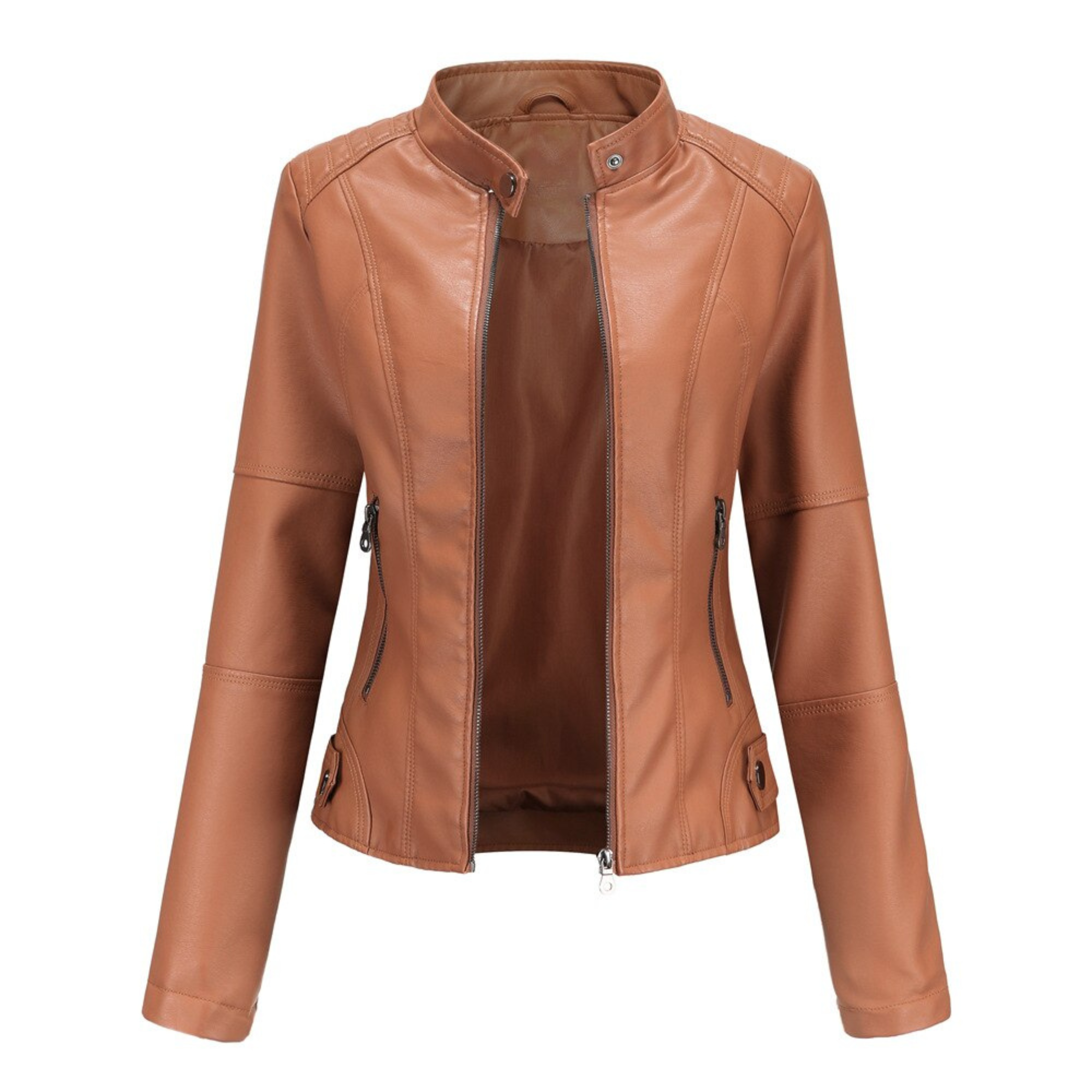 Faux Leather Jacket with Stand-Up Collar and Zipper for Women