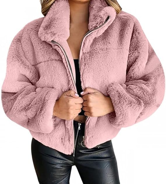 Damska Zimowa Kurtka Teddy Fleece z Zamkiem i Wysokim Kołnierzem